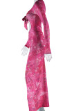 Red Street Print Bandage Hollowed Out Patchwork High Opening U Neck Long Dresses