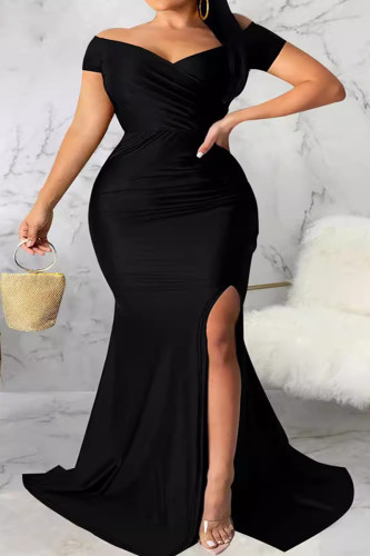 Black Celebrities Solid Patchwork High Opening Zipper Off the Shoulder Long Plus Size Dresses