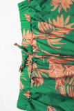 Green Casual Print Patchwork Draw String Pocket Cardigan Collar Plus Size Two Pieces