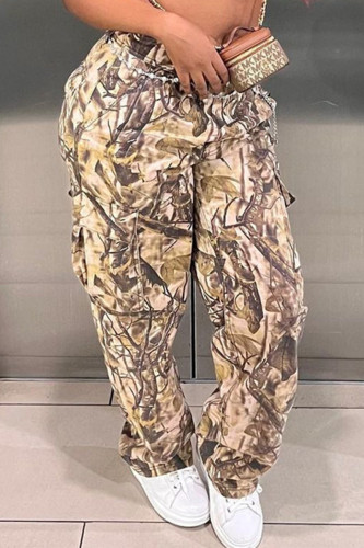 Gele casual straatprint patchworkzak losse hoge taille conventionele broek met volledige print