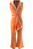 Yellow Casual Bandage Patchwork V Neck Regular Flare Leg Front Tie Jumpsuits