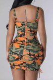 Tangerine Red Sexy Street Camouflage Print Hollowed Out Patchwork Cross Straps Square Collar Wrapped Skirt Dresses