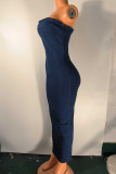 Blue Sexy Gradient Patchwork Slit Zipper Sleeveless Regular Strapless Jeans Dress Denim Dresses