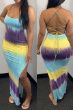 Multicolor Sexy Gradient Patchwork Backless High Opening Spaghetti Strap Sling Dresses