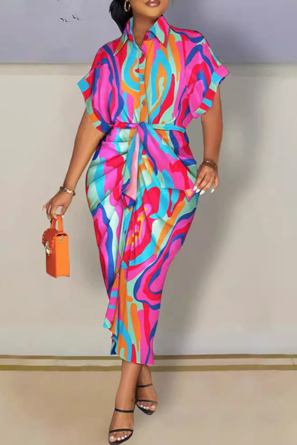 Rose Red Celebrities Print Bandage Patchwork Buckle Fold Turndown Collar Long Plus Size Dresses