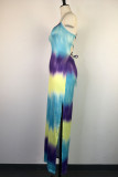 Multicolor Sexy Gradient Backless Ombre Print High Opening Spaghetti Strap Sling Thigh Split Cami Maxi Dresses