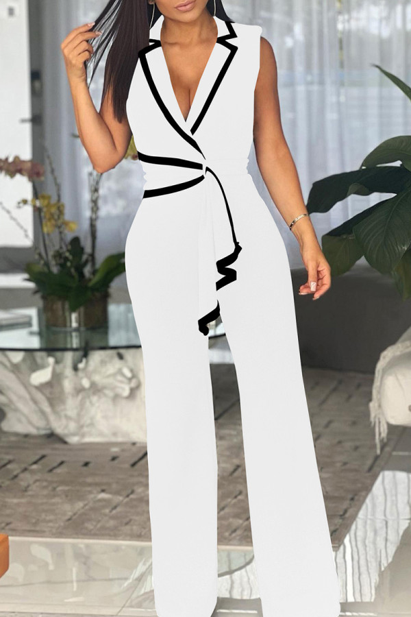 White Casual Bandage Patchwork V Neck Regular Flare Leg Front Tie Jumpsuits
