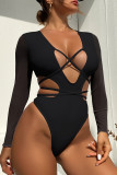 Black Sportswear Solid Hollowed Out Patchwork Swimwears(With Paddings)