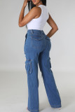 The cowboy blue Street Solid Patchwork Pocket Buttons Zipper High Waist Straight Ripped Cargo Denim Jeans