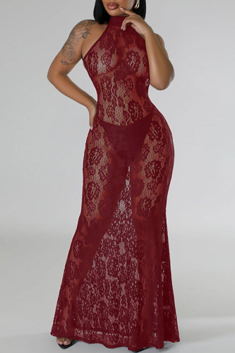 Bordeauxrode sexy effen kanten patchwork doorzichtige lange jurken met O-hals