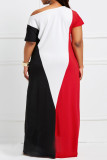 Multicolor Casual Color Block Patchwork Pocket Contrast Oblique Collar Long Plus Size Dresses