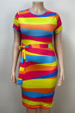 Multicolor Street Color Block Rainbow Print Bandage Patchwork O Neck Wrapped Skirt Bodycon Midi Dress Plus Size Dresses