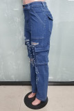 The cowboy blue Street Solid Patchwork Pocket Buttons Zipper High Waist Straight Ripped Cargo Denim Jeans