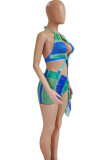 Turquoise Sportswear Gradient Bandage Hollowed Out Patchwork 3 Piece Sets