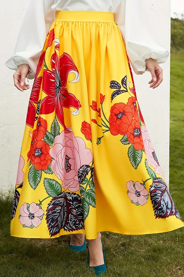 Yellow Elegant Print Patchwork A Line Plus Size 