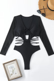 Black Sportswear Solid Hollowed Out Patchwork Swimwears(With Paddings)
