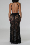 Black Sexy Solid Lace Patchwork See-through O Neck Long Dresses