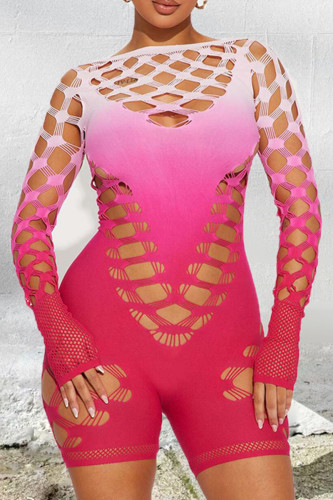Pink Sexy Gradient Hollowed Out Patchwork O Neck Skinny Rompers
