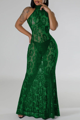 Grön Sexig Solid Lace Patchwork Genomskinlig O-hals långa klänningar