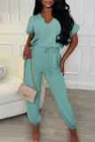 Green Elegant Solid Bandage Patchwork V Neck Loose Jumpsuits