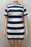 Navy Blue Street Striped Patchwork O Neck Printed Plus Size Dresses