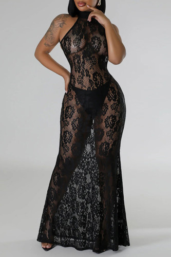 Black Sexy Solid Lace Patchwork See-through O Neck Long Dresses