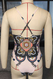Pink Sportswear Print Bandage Hollowed Out Patchwork Swimwears(With Paddings)