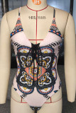Pink Sportswear Print Bandage Hollowed Out Patchwork Swimwears(With Paddings)