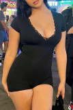 Black Sexy Solid Patchwork V Neck Skinny Rompers