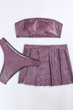 Purple Sportswear Plaid Patchwork 3 Piece Sets(With Paddings)