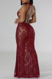 Burgundy Sexy Solid Lace Patchwork See-through O Neck Long Dresses