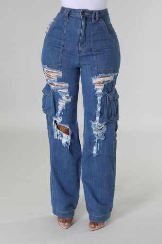 Die cowboyblaue Street Solid Jeans mit zerrissenen Patchwork-Taschen, Knöpfen und Reißverschluss und hoher Taille und geradem Denim
