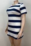 Navy Blue Street Striped Patchwork O Neck Printed Plus Size Dresses