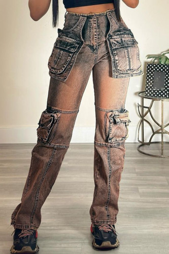 Brown Street Make Old Pocket Buttons Zipper Straight Cargo Denim Jeans