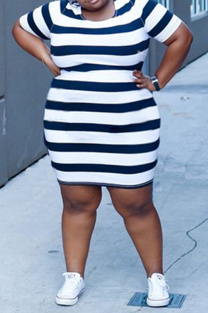 Navy Blue Street Striped Patchwork O Neck Printed Plus Size Dresses