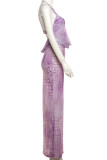 Purple Sexy Print Hollowed Out Patchwork Halter Long Dresses