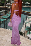 Purple Sexy Print Hollowed Out Patchwork Halter Long Dresses