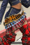 Colour Street Plaid Color Block Patchwork Contrast High Waist Regular Ruffle Trim Denim Mini Skirts