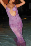 Purple Sexy Print Hollowed Out Patchwork Halter Long Dresses