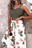 Green Casual Print Draw String Fold Spaghetti Strap Sleeveless Two Pieces