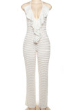 Black Sexy Solid Ripped Bandage Patchwork Flounce Halter Regular Jumpsuits
