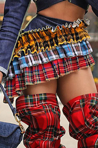 Gonne di jeans regolari a vita alta a contrasto patchwork color block scozzese color street
