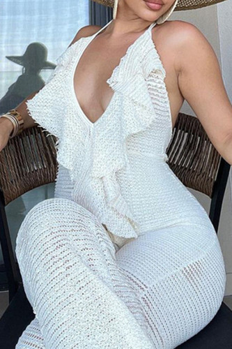White Sexy Solid Ripped Bandage Patchwork Flounce Halter Regular Jumpsuits