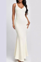 ホワイトのエレガントなソリッドパッチワークバックレスUネックトランペットマーメイドドレス