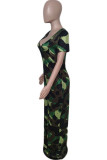 Green Elegant Gradient Camouflage Print Patchwork Pocket V Neck Loose Jumpsuits