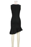 Black Elegant Patchwork O Neck Irregular Dresses