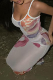 White Sweet Print Patchwork Backless Spaghetti Strap Sling Dresses