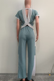 Lake Blue Elegant Patchwork Pocket O Neck Short Sleeve Two Pieces