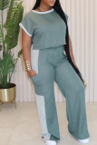 Lake Blue Elegant Patchwork Pocket O Neck Short Sleeve Two Pieces