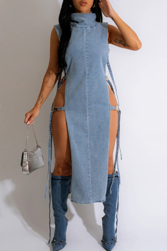 Blue Sexy Solid Bandage Hollowed Out Patchwork Mandarin Collar Sleeveless Straight Denim Dresses